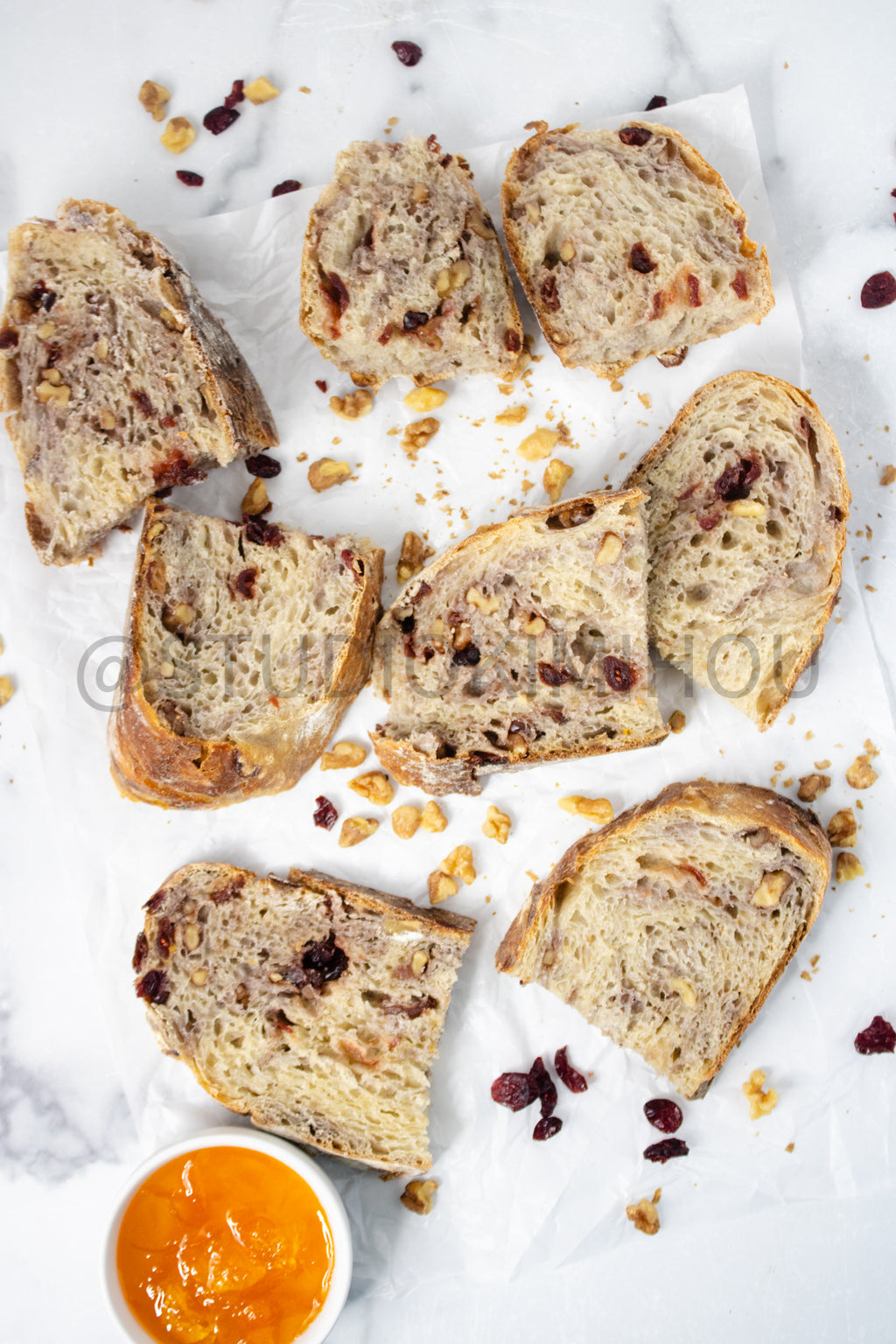 Semi-Exclusive Orange Cranberry Walnut Sourdough on Marble